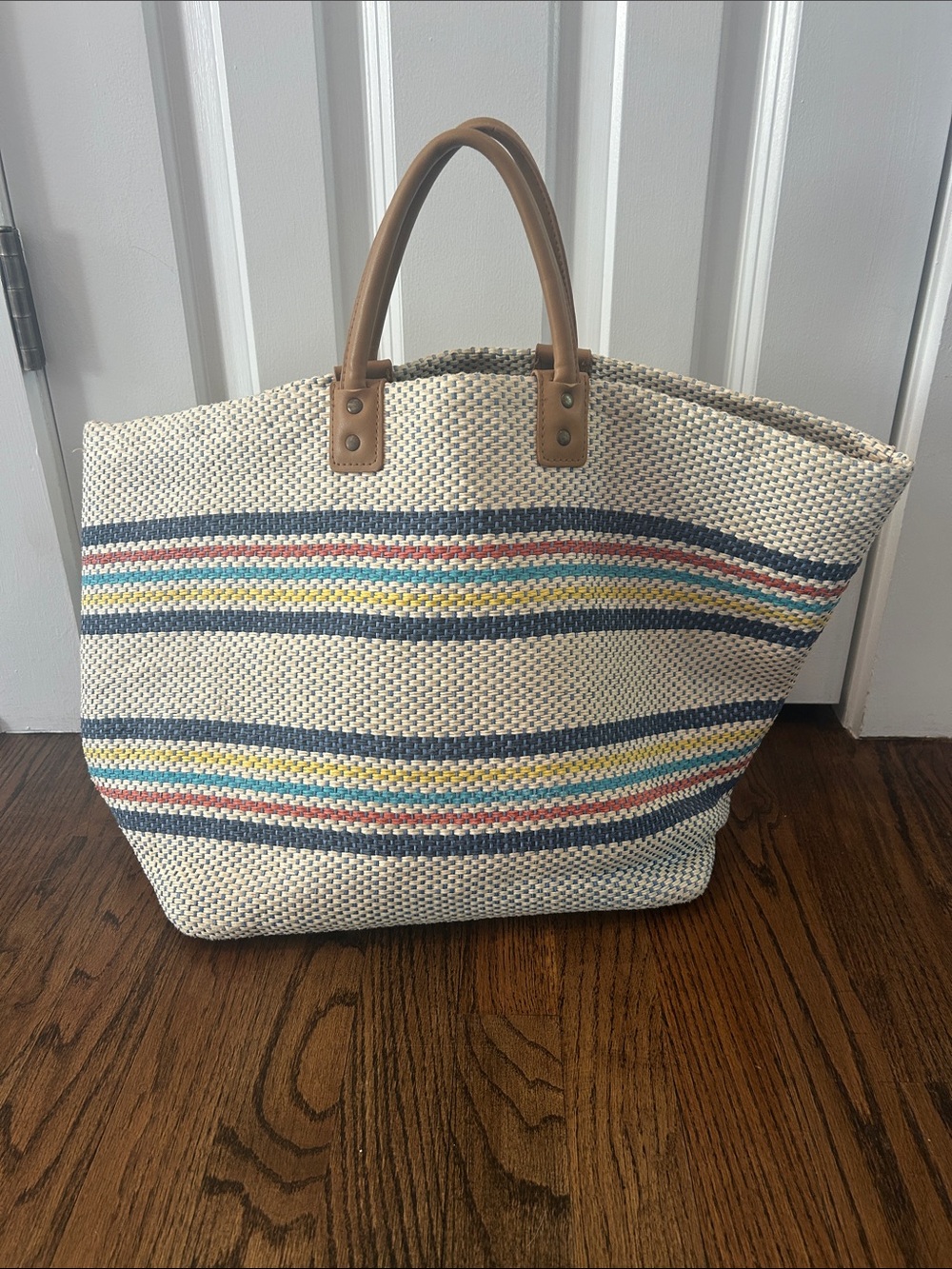 Francesca's Collections Cream Woven Beach Tote Navy Yellow Pink Stripes pool bag